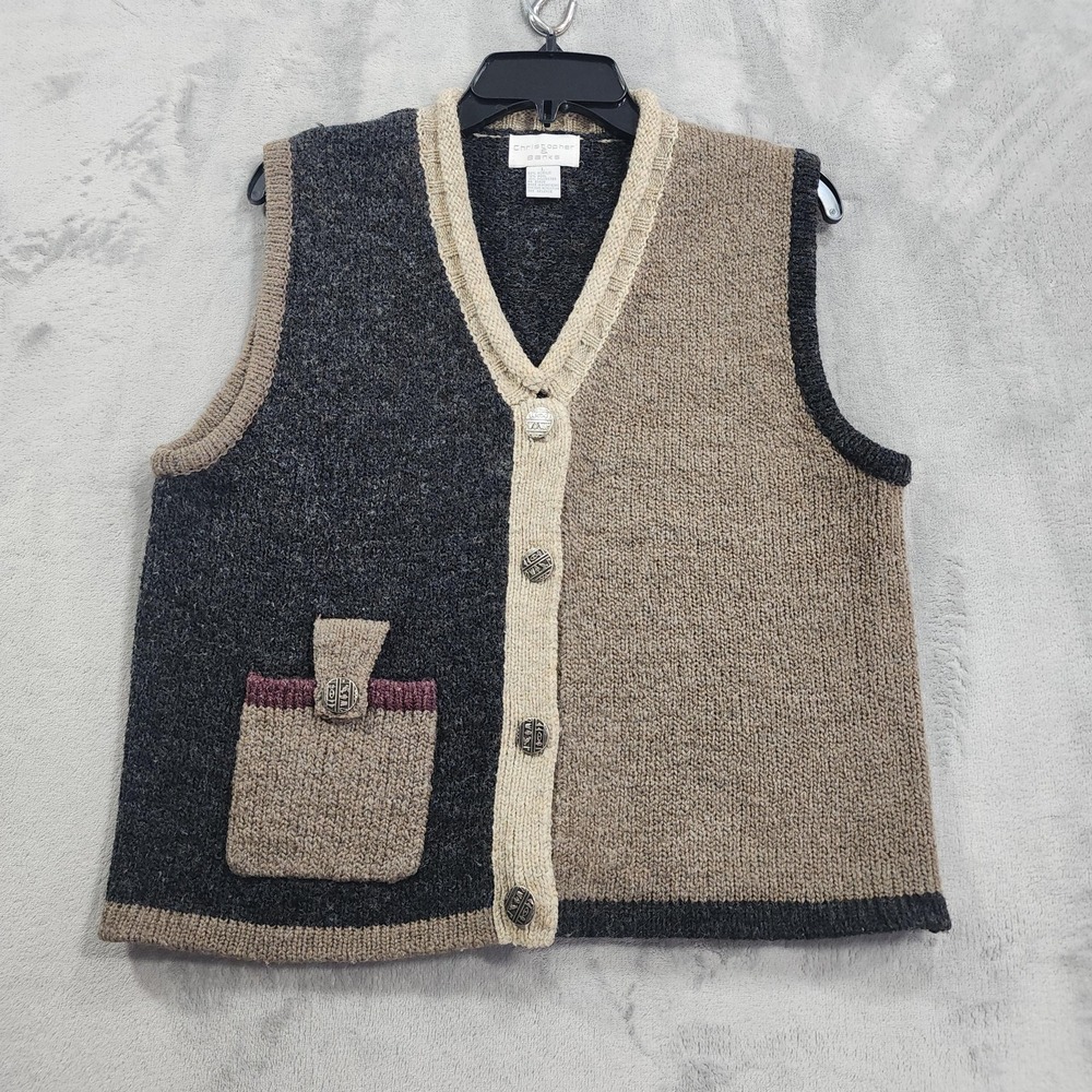 Vintage Sweater Vest L Tan Gray Wool Blend Colorblock Pockets Artsy Art Quirky